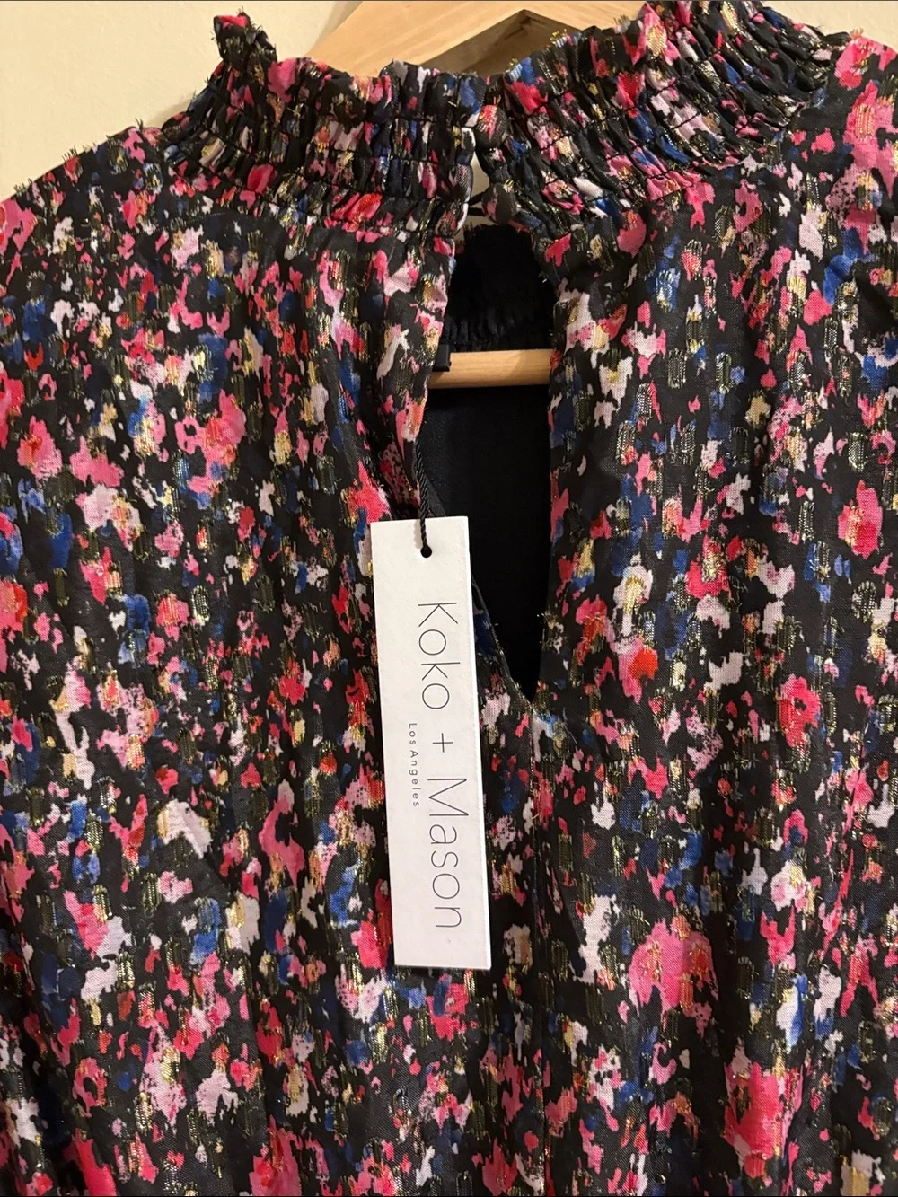Long-Sleeve Floral Midi Dress with Smocked Waist in Pink on Black - Picture 5 of 5